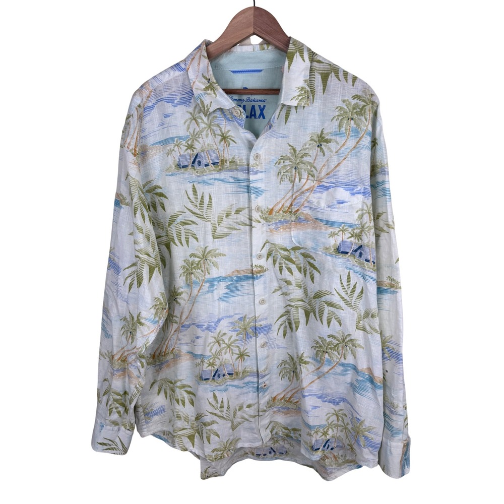 Tommy Bahama XL Linen Cotton Tropical Palm Tree Hawaiian Shirt Resort Vacation